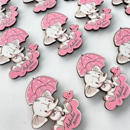 Şemsiyeli Fil Ahşap Magnet - Pembe