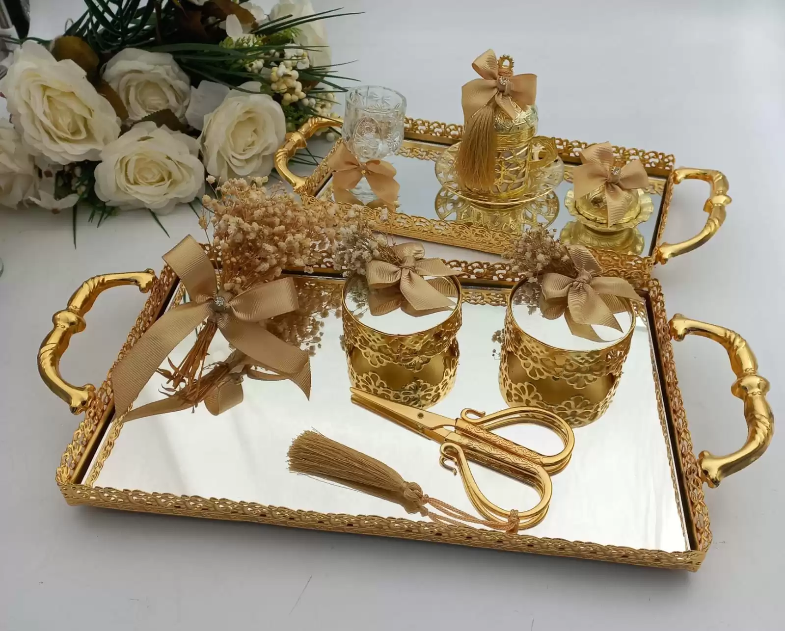 Örgü Nişan Tepsisi Örgü Desenli Söz Nişan Tepsi Takımı - Gold