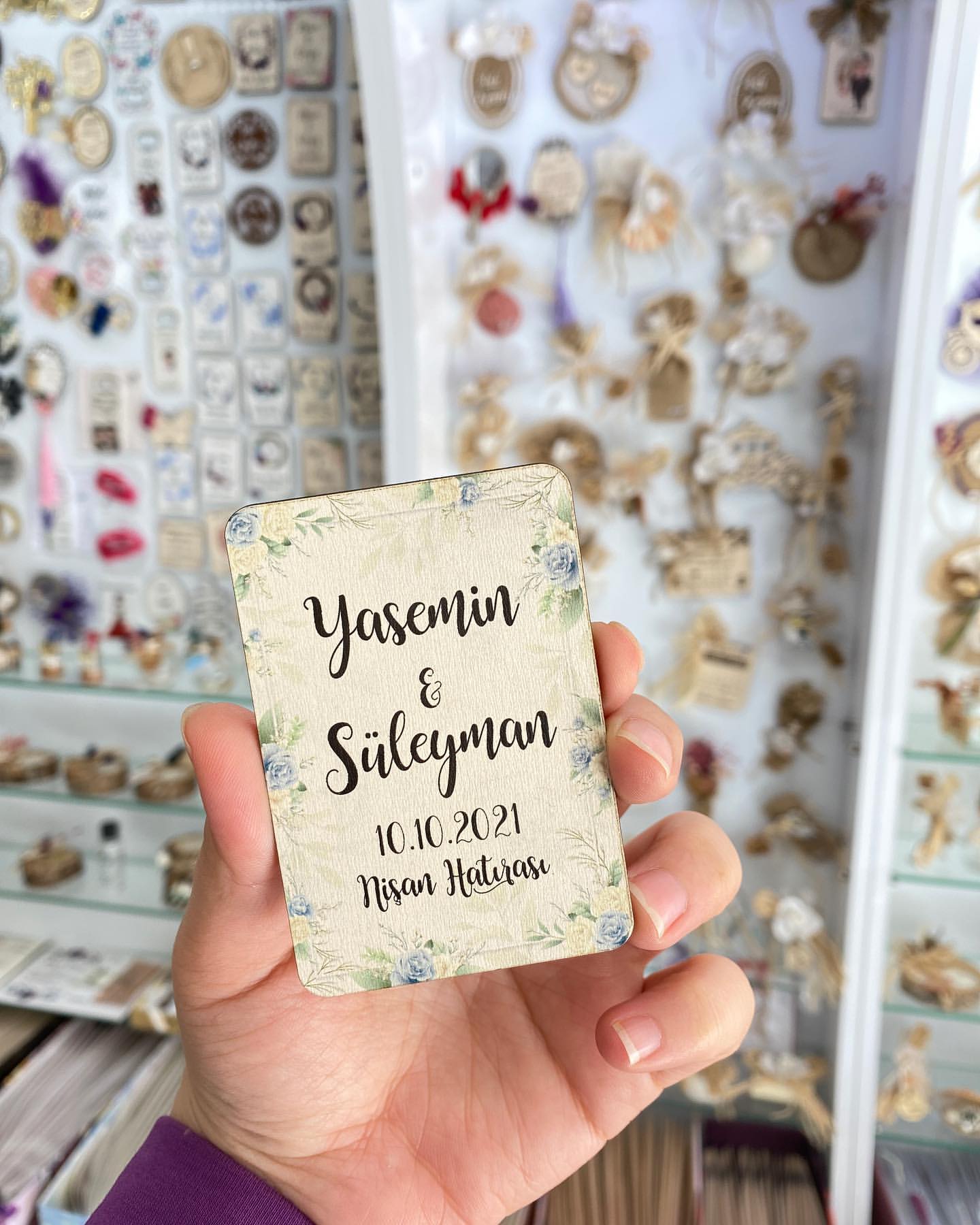 Ahşap Ucuz Nikah Şekeri Ahşap Magnet - Yeşil Mavi