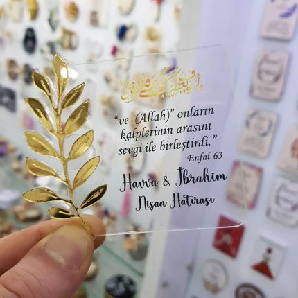 Pleksi Şeffaf Gold Yapraklı Nikah Şekeri