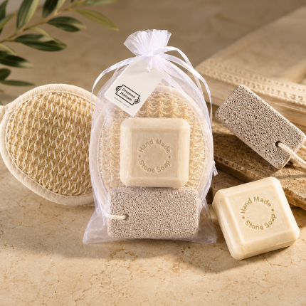 Örgülü Natürel Lif + Taş Sabun Seti – Doğal Hamam ve Spa Bakımı
