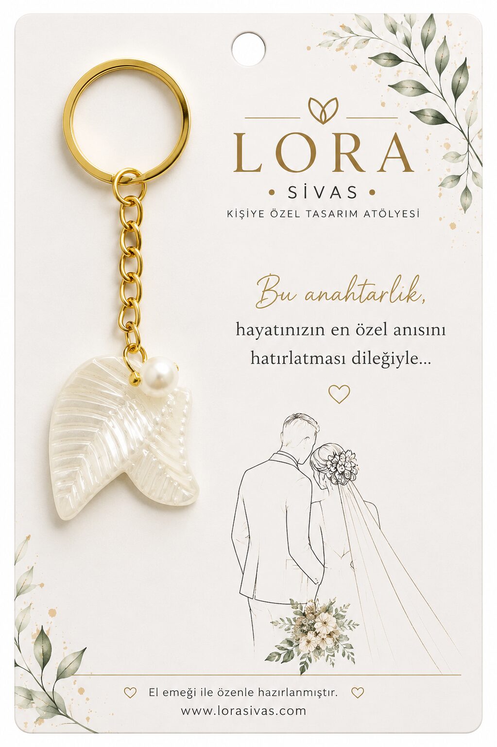 İncili Yaprak Anahtarlık - Kişiye Özel Nikah Hediyeliği | Lora Sivas İncili Yaprak Anahtarlık